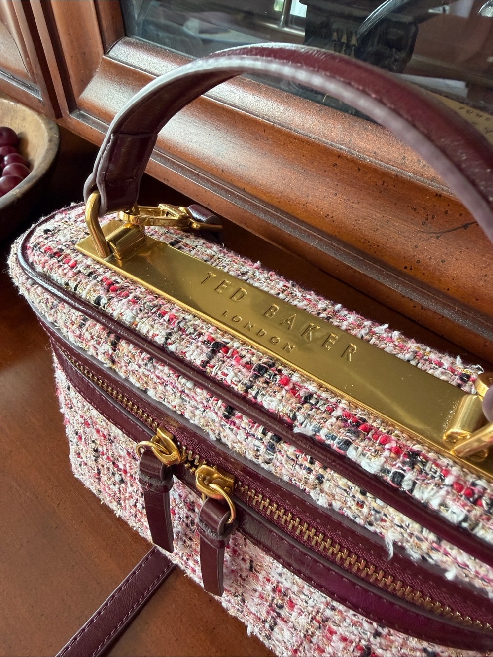 Ted Baker Pink Tweed Mini Top-Handle Crossbody with Burgundy Trim